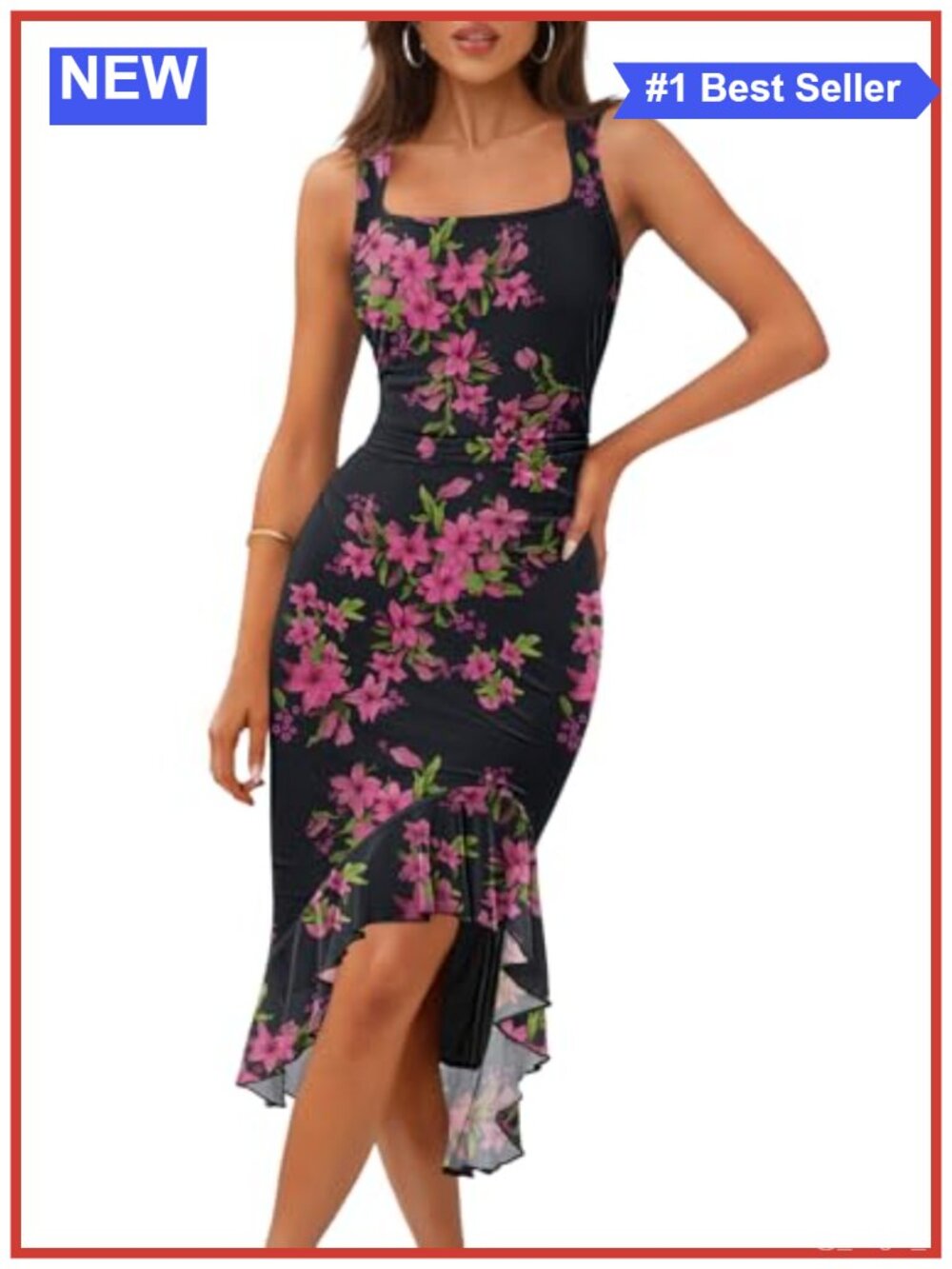 Women's Floral Bodycon Midi Dress Sleeveless Square Neck Ruched Ruffle Hem